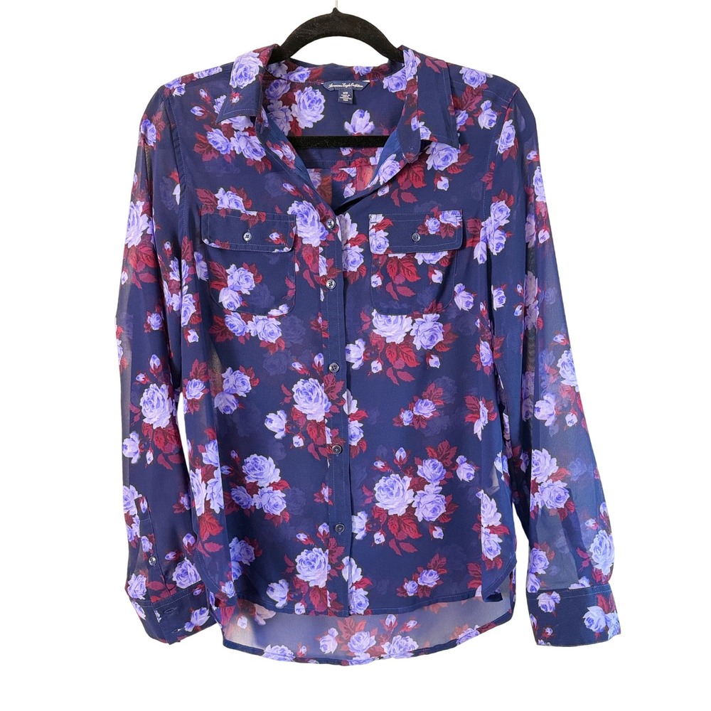 American Eagle‎ Floral Sheer Blouse M Navy Button Front Shirt
